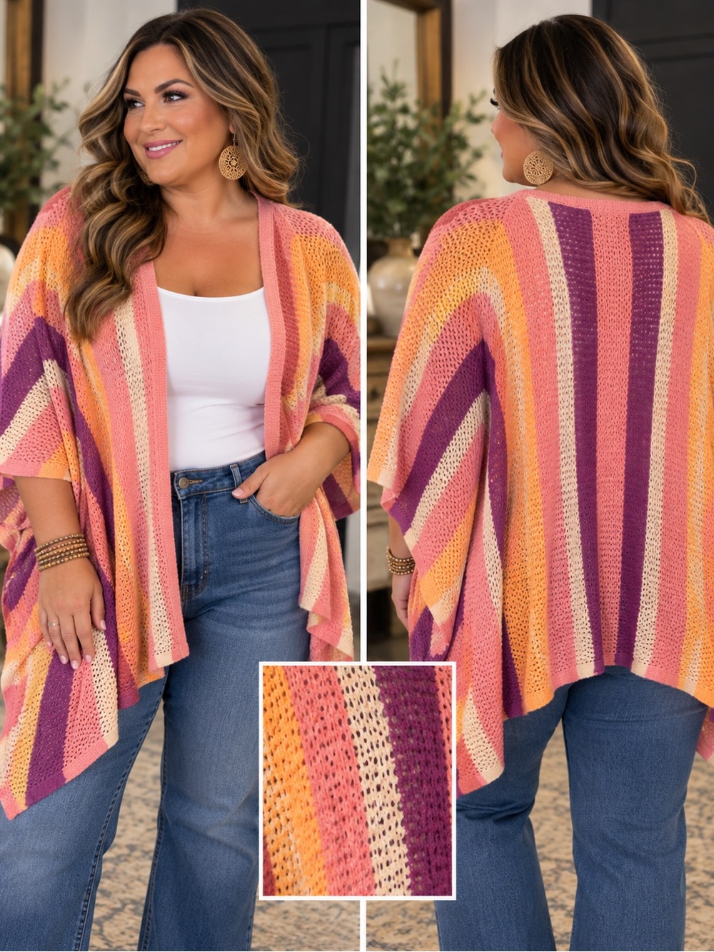 Jessica Simpson Striped Knit Poncho Shrug - Pink, Purple, Peach, Yellow